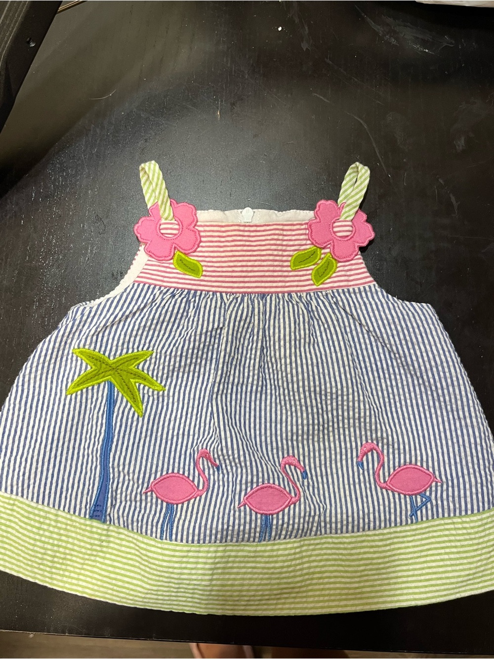Florence Eiseman Pink Blue Green Seersucker Flamingo Jumper Dress Size 6M
